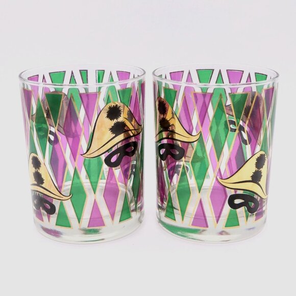 Set of 2 Culver Harlequin Mardi Gras Lowball Rocks Bar Glasses Vtg MCM - Picture 1 of 11
